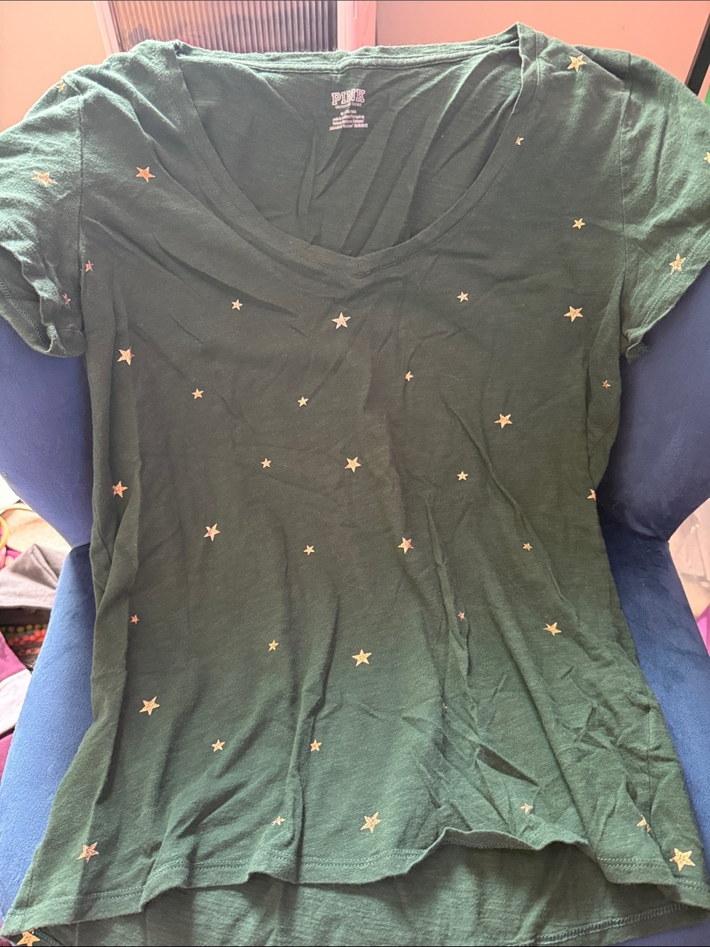PINK Victoria's Secret Dark Green V-Neck Tee with Gold Stars
